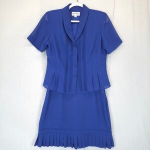 Danny & Nicole Skirt Suit 2 Pc Pleated Peplum Women 12 Royal Blue Office Church